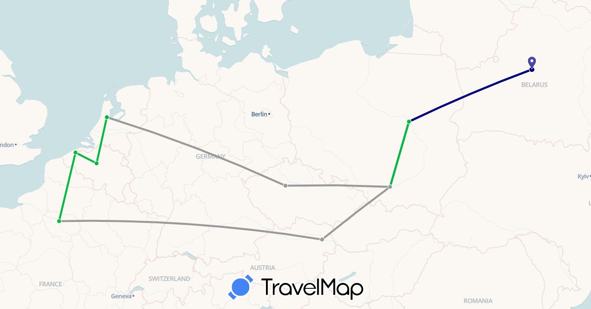 TravelMap itinerary: driving, bus, plane in Austria, Belgium, Belarus, Czech Republic, France, Netherlands, Poland (Europe)
